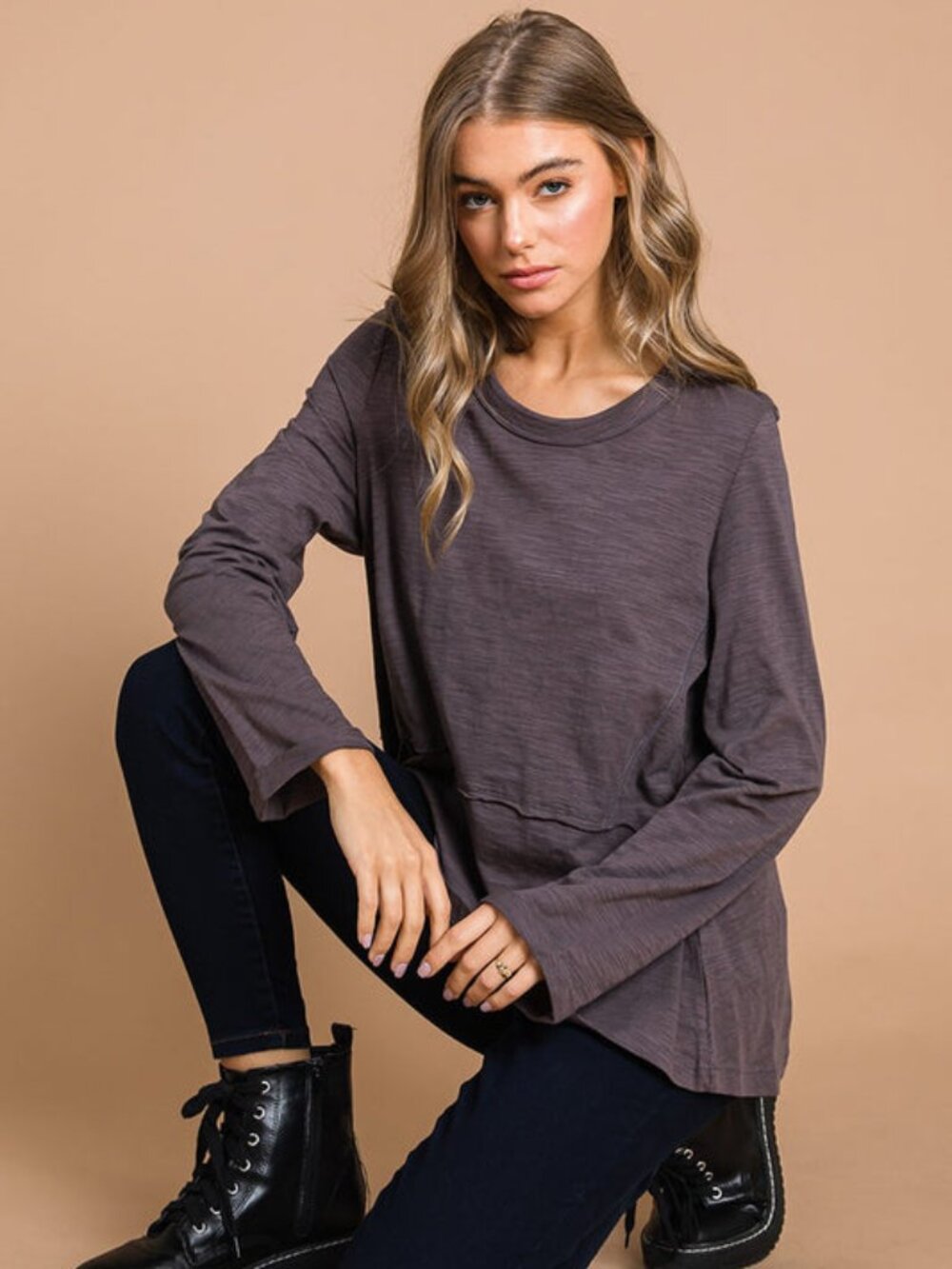 U-Neck Casual Top - Charcoal